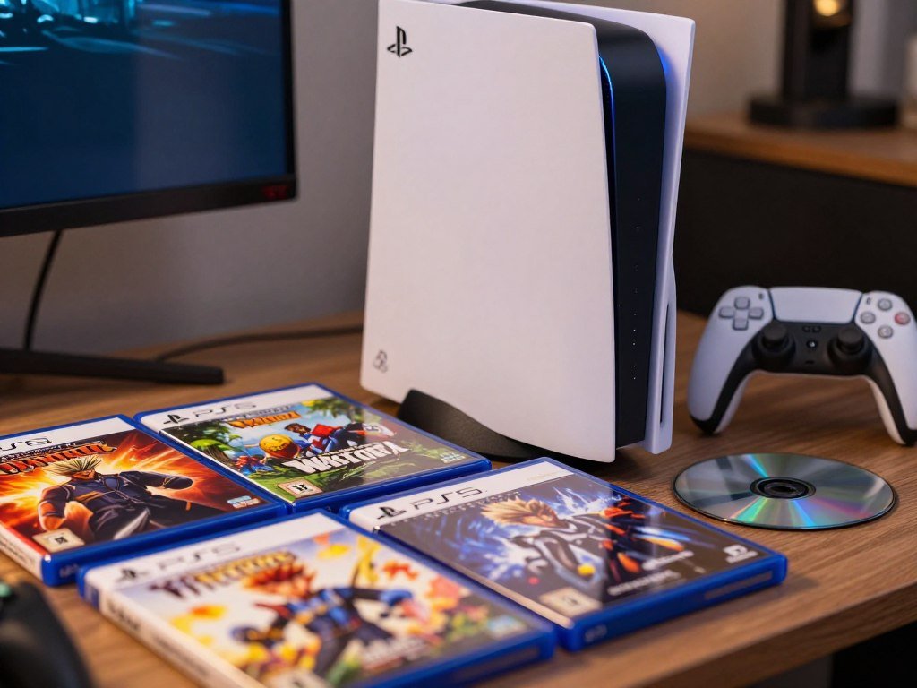 Physical PS5 and PS4 games beside a PlayStation disc console