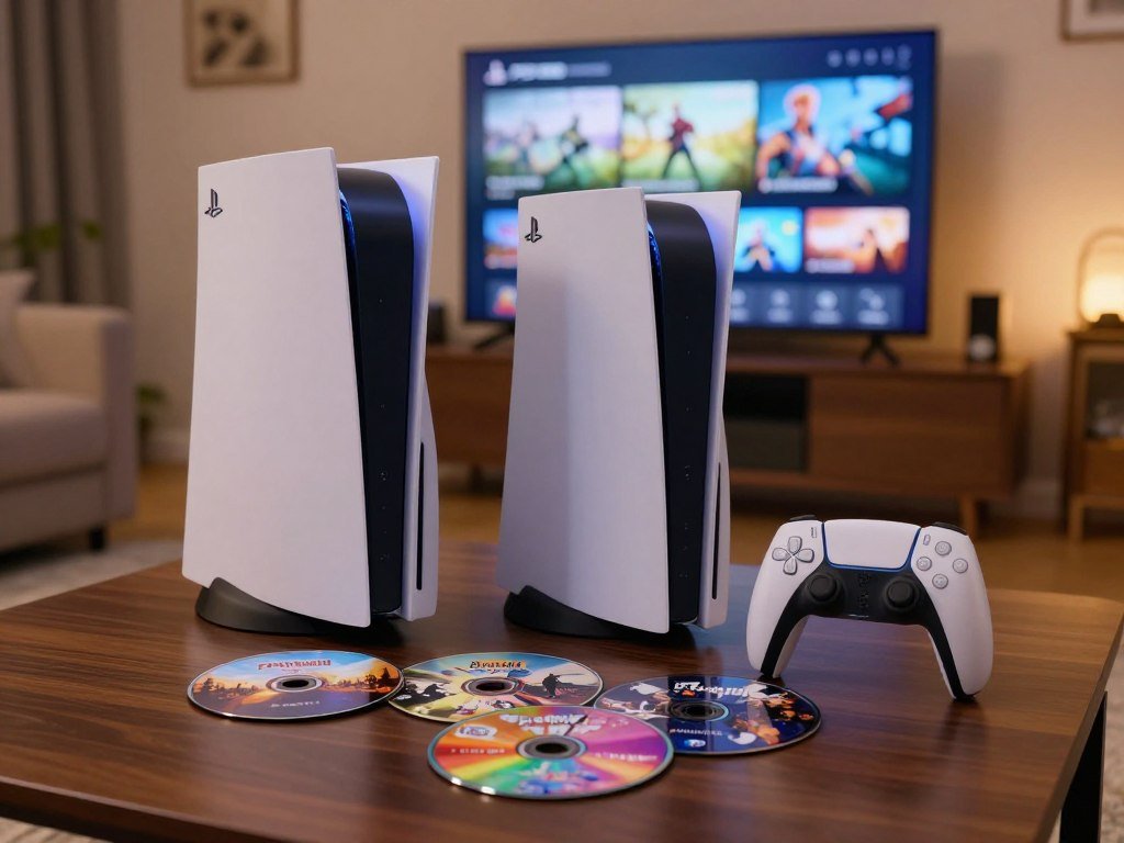 Physical game discs and a console bundle beside a television