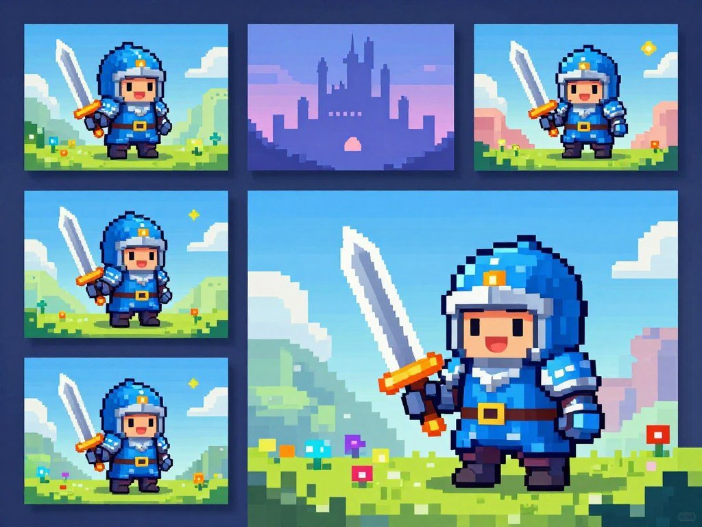 Pixel art character shown at several canvas sizes