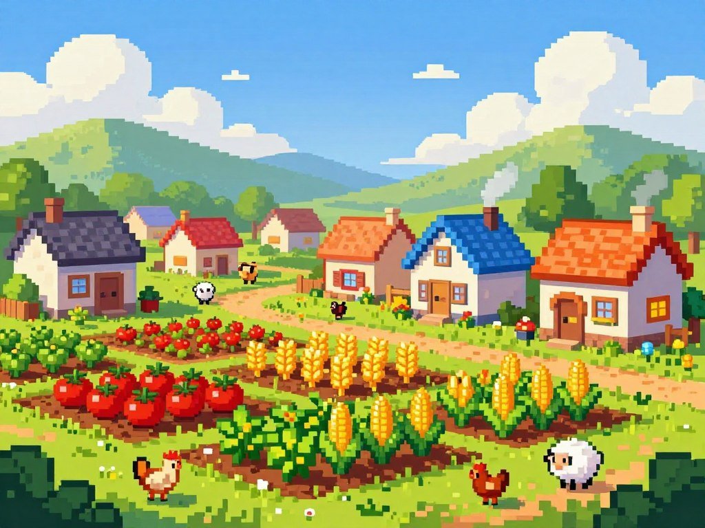 Pixel farming game with crops and a small village