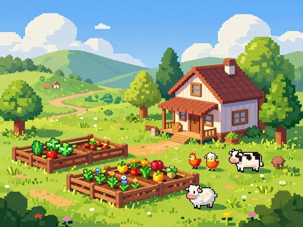 Pixel ranch game with animals and small crop plots