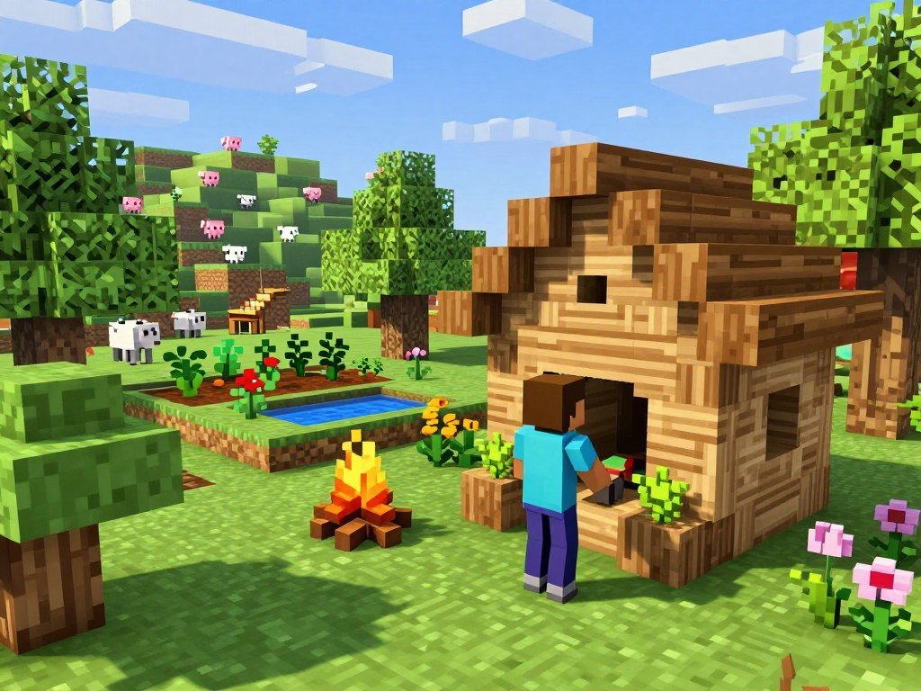 Player builds a survival base in the Minecraft sandbox world