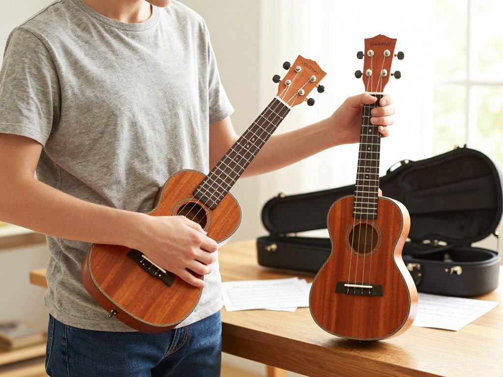 Player comparing soprano and concert ukulele sizes in playing position