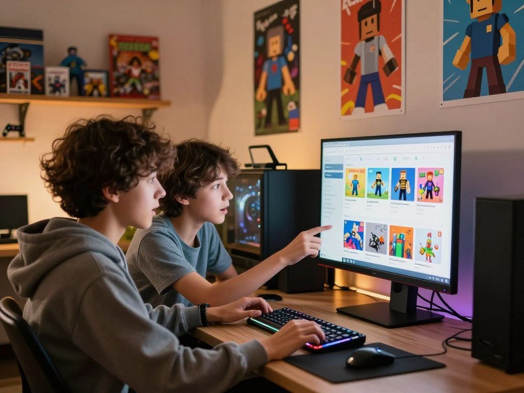 Players browse popular Roblox game titles on a computer
