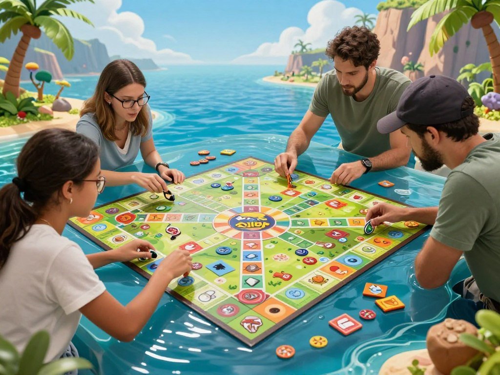 Players collect artifacts on a sinking island board Players collect artifacts on a sinking island board