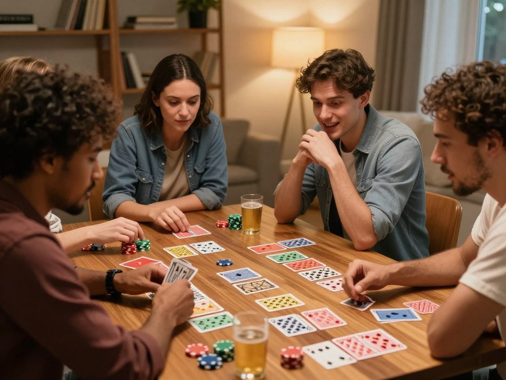 Players discuss hidden roles around a card game table Players discuss hidden roles around a card game table