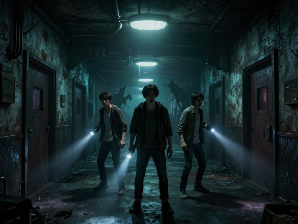 Players face a tense group horror game in a dark facility