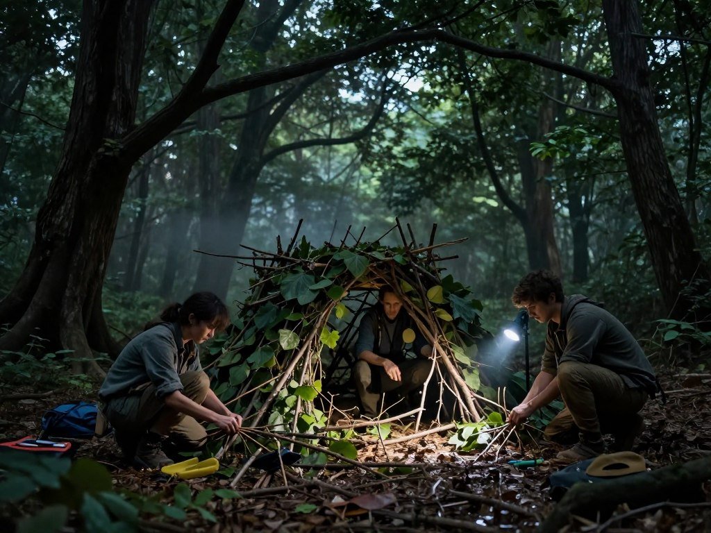 Players prepare a forest shelter before night survival Players prepare a forest shelter before night survival