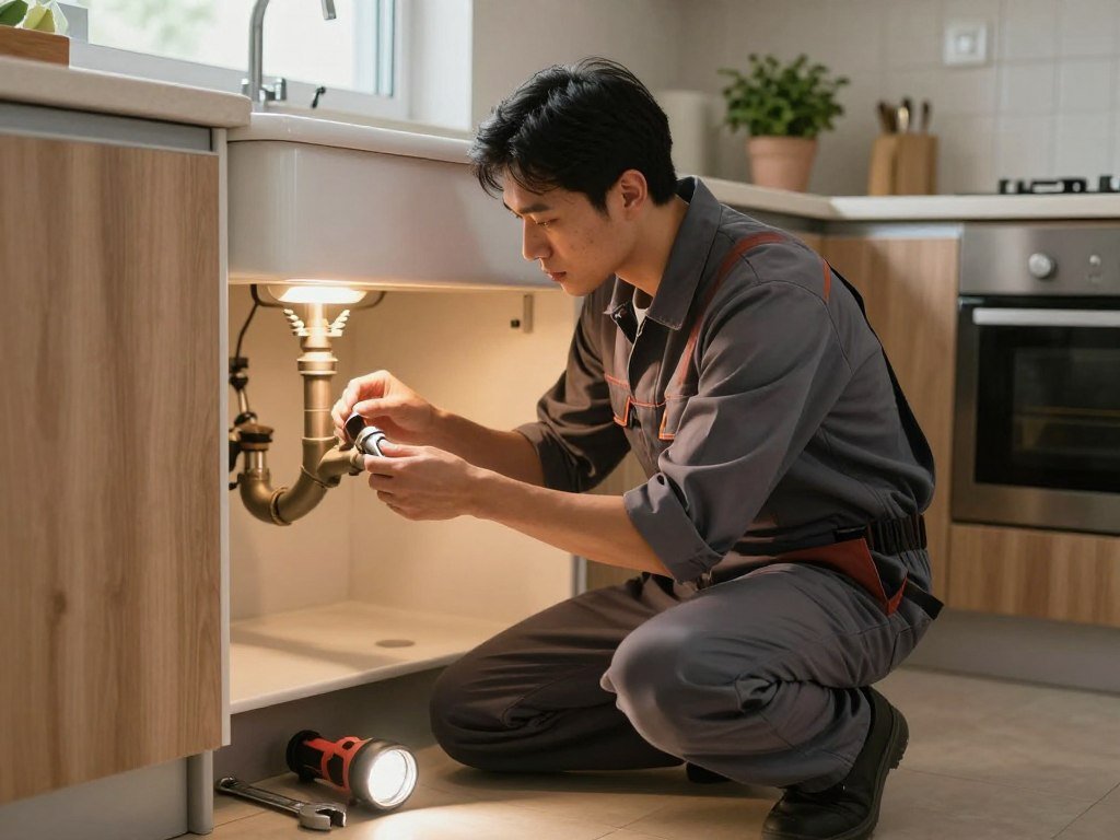 Plumber checks a leaking pipe under a kitchen sink