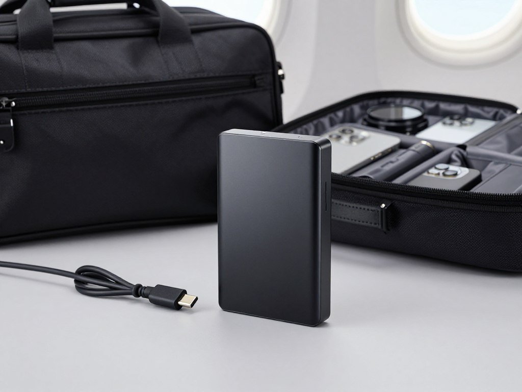Portable HDD and USB-C cable packed for a travel backup Portable HDD and USB-C cable packed for a travel backup