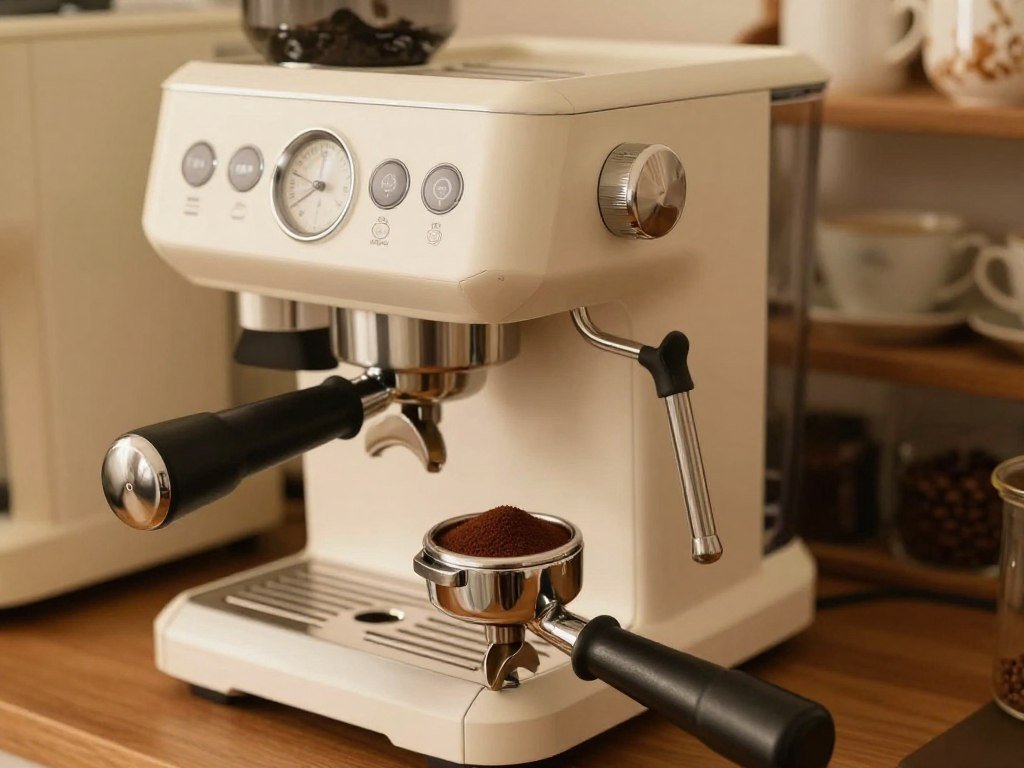 Portafilter and manual lever beside a push-button espresso machine Portafilter and manual lever beside a push-button espresso machine