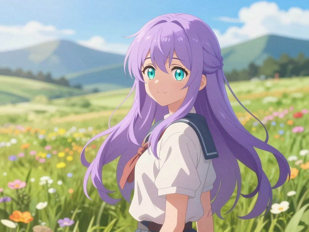 Portrait anime character image beside a landscape scene layout