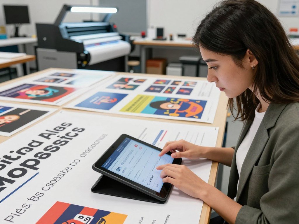 Poster designer checking print size and resolution for a large event banner