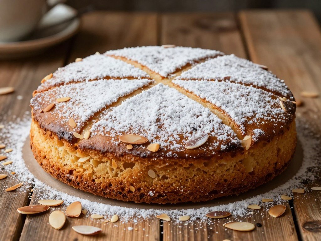 Powdered sugar cross on a traditional almond cake