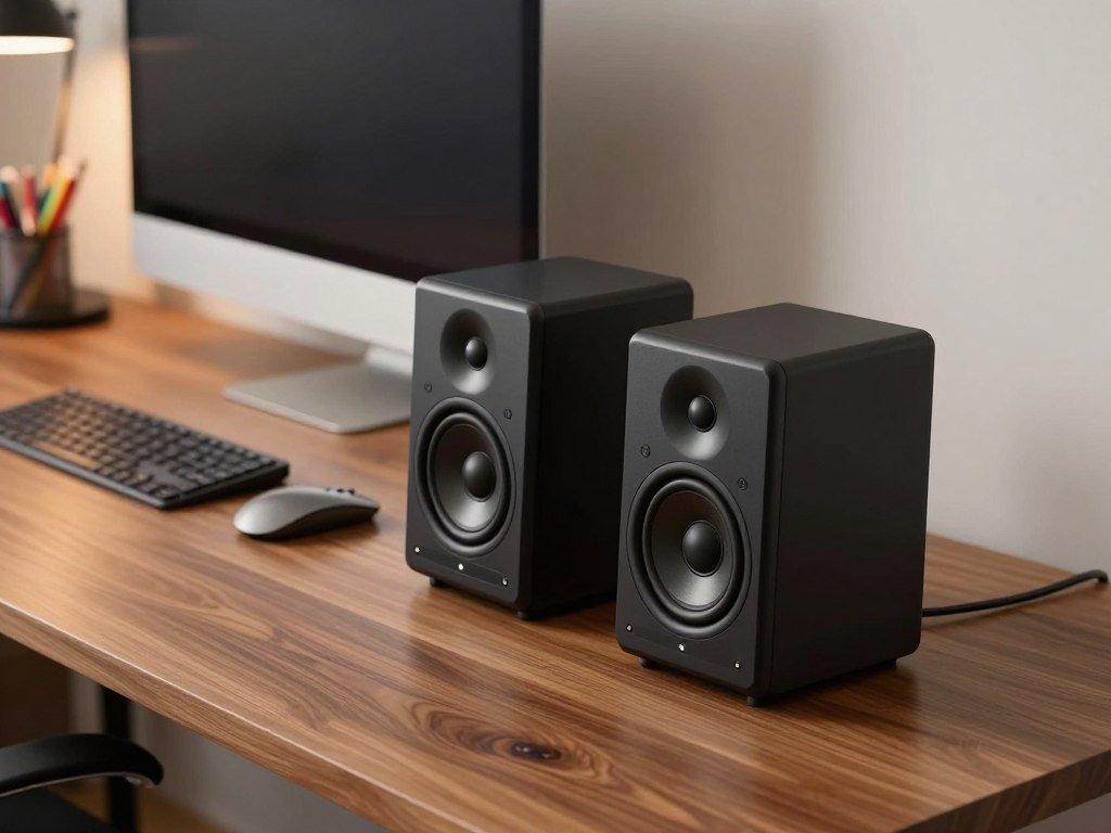 Powered desktop bookshelf speakers beside a computer monitor Powered desktop bookshelf speakers beside a computer monitor