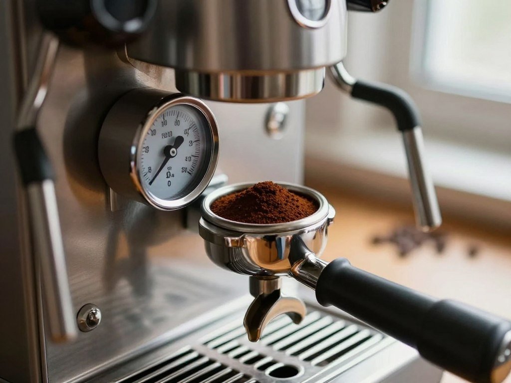 Pressure gauge and portafilter on a hands-on espresso machine
