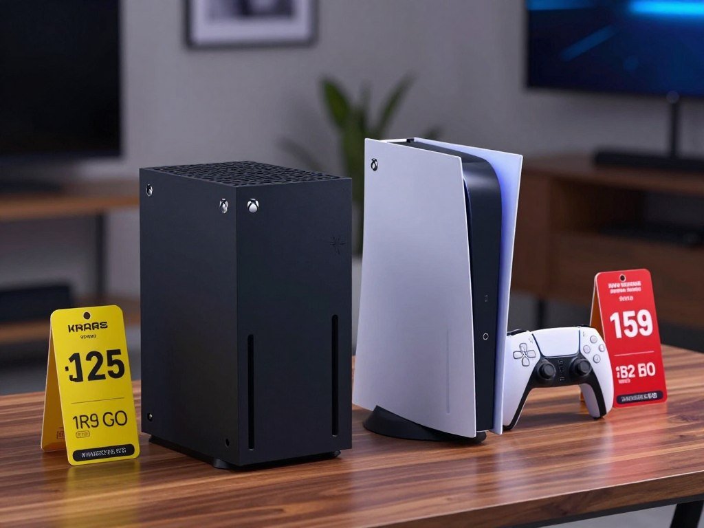 Price tags beside an Xbox Series X and PS5 Pro console