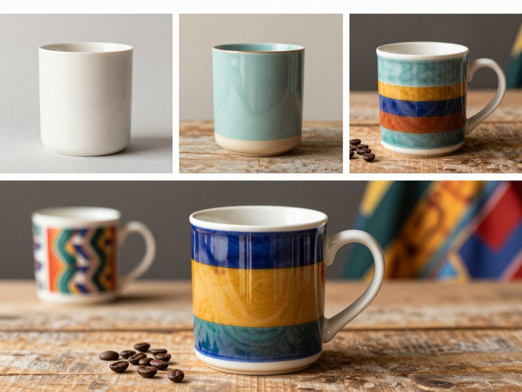 Product images showing a mug in four useful listing styles Product images showing a mug in four useful listing styles