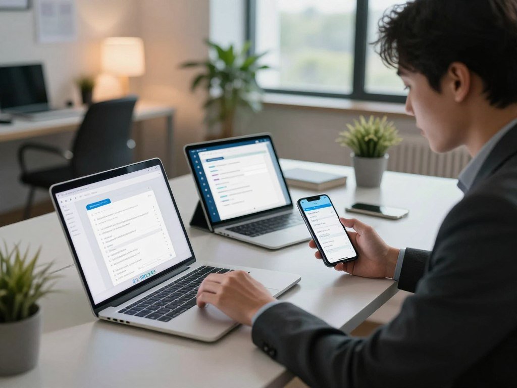 Professional checking app access across devices before a meeting