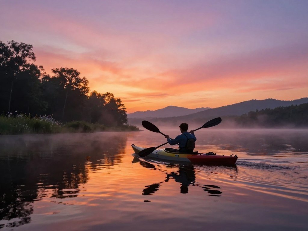 Prompt words guide an image model toward a sunrise kayak scene