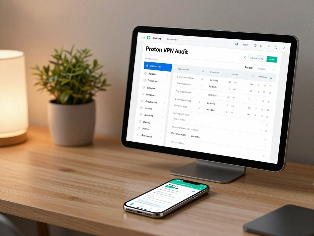 Proton VPN audit report beside a phone running its free VPN app Proton VPN audit report beside a phone running its free VPN app