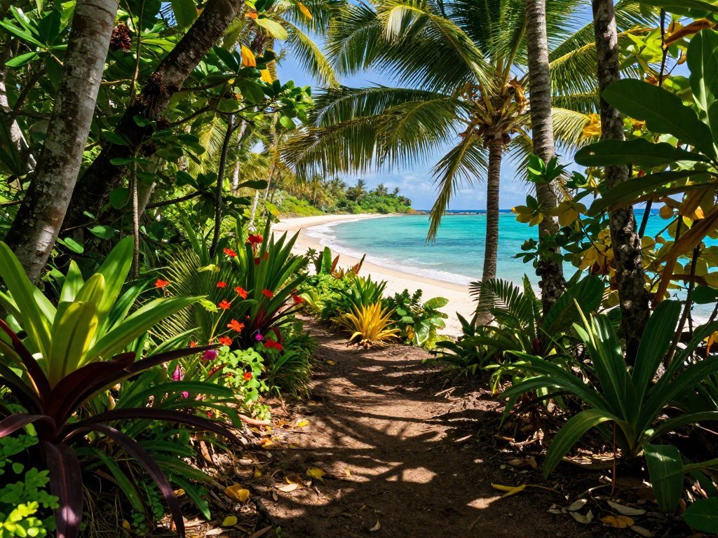 Puerto Rico rainforest trail leading toward a tropical beach