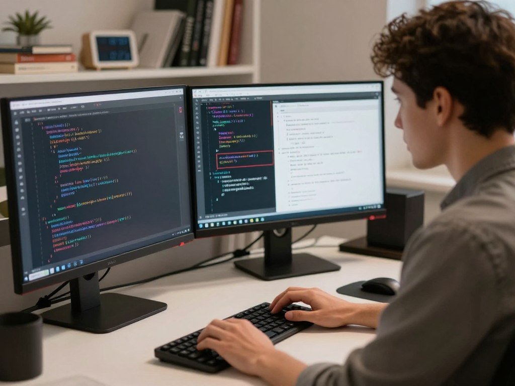 Python developer checking generated unit tests beside a code editor Python developer checking generated unit tests beside a code editor