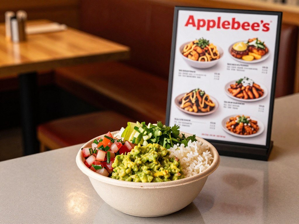 QDOBA counter meal beside an Applebee’s lunch menu QDOBA counter meal beside an Applebee’s lunch menu