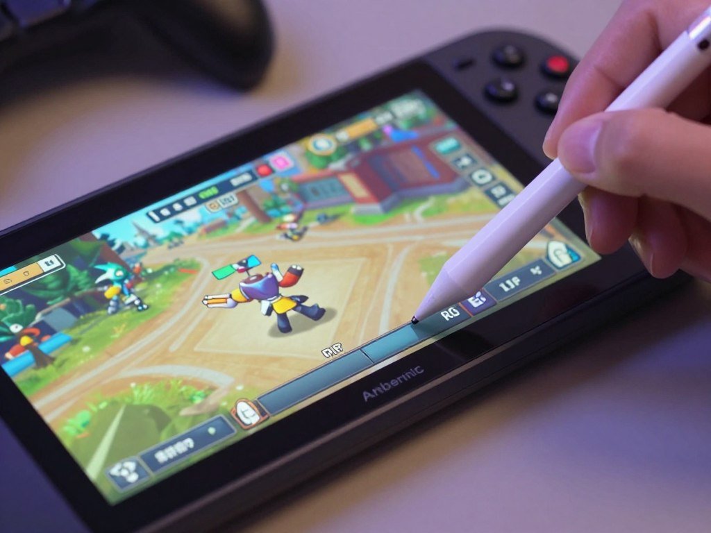 RG DDS stylus touching the lower IPS display beside the upper screen
