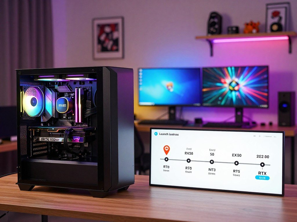 RTX 50 series launch timeline beside a gaming PC
