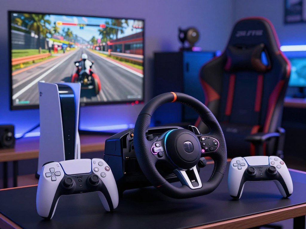 Racing wheel and controller beside a PS5 racing setup Racing wheel and controller beside a PS5 racing setup