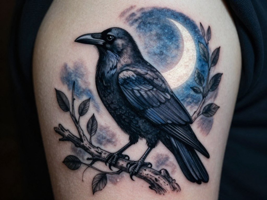 Raven tattoo prompt showing composition and fine-line style Raven tattoo prompt showing composition and fine-line style