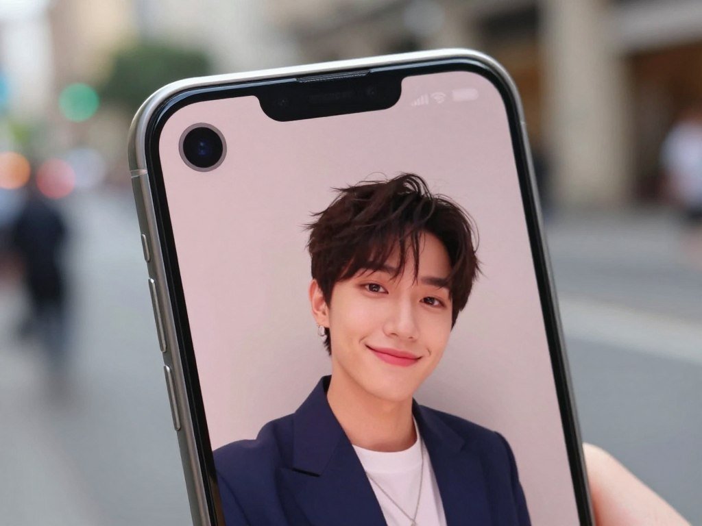 Rear display showing a selfie preview beside a phone camera Rear display showing a selfie preview beside a phone camera