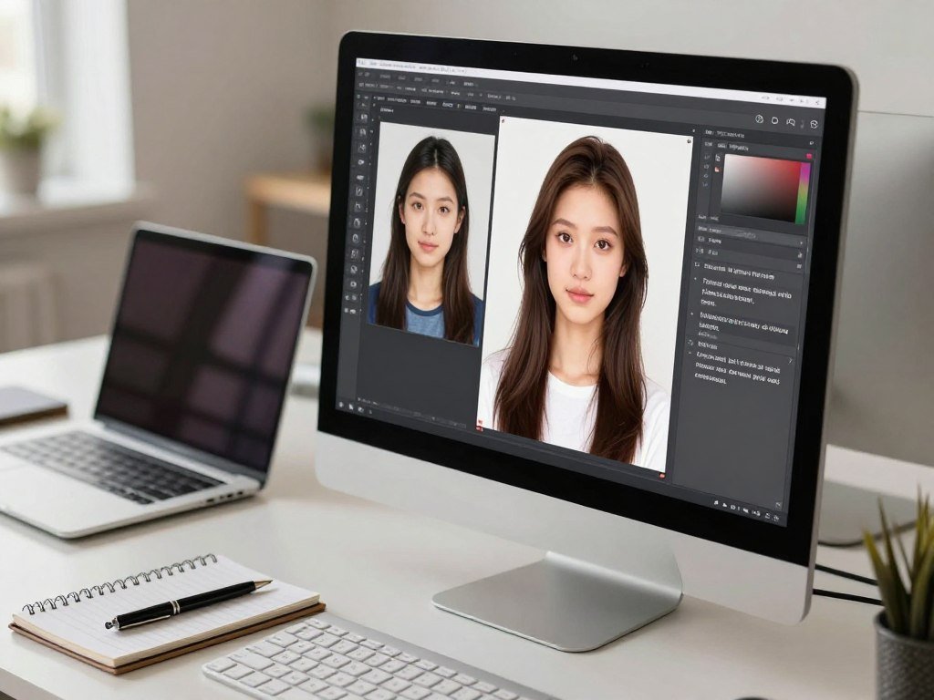 Reference photo and text prompt beside a portrait generation screen Reference photo and text prompt beside a portrait generation screen