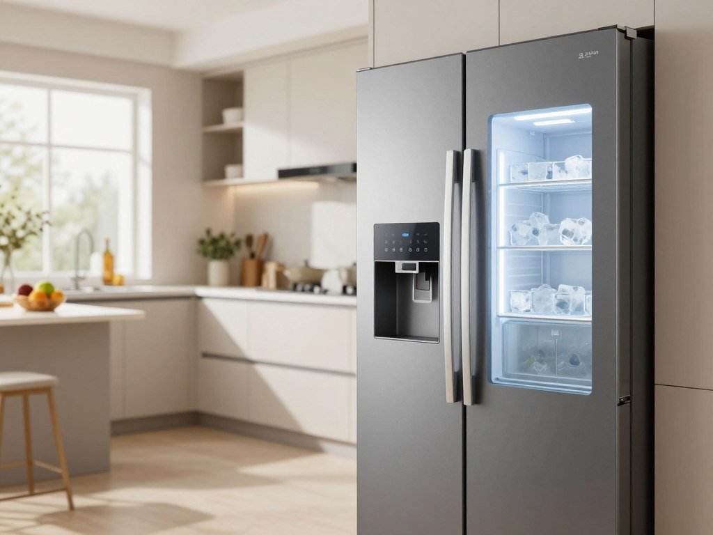 Refrigerator ice dispenser and smart controls in a home kitchen