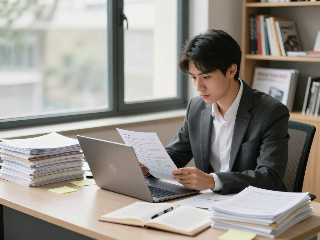 Researcher checking cited web answers beside a long document Researcher checking cited web answers beside a long document