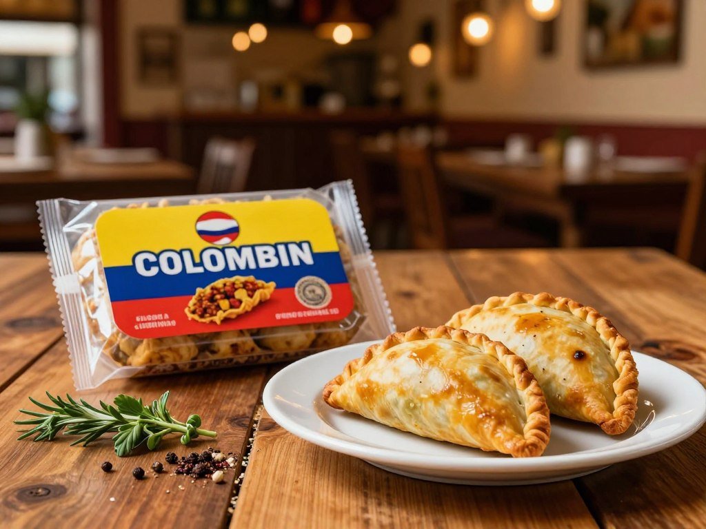 Restaurant empanada beside a packaged frozen Colombian food option Restaurant empanada beside a packaged frozen Colombian food option