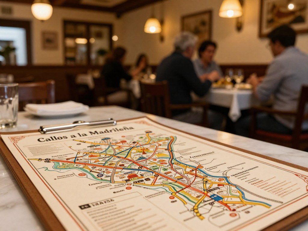 Restaurant map listing beside a menu with callos madrileña Restaurant map listing beside a menu with callos madrileña