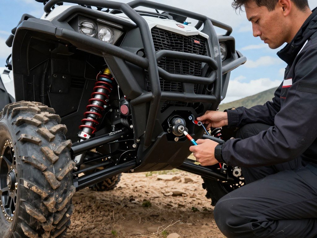 Rider checking UTV suspension and transmission features Rider checking UTV suspension and transmission features