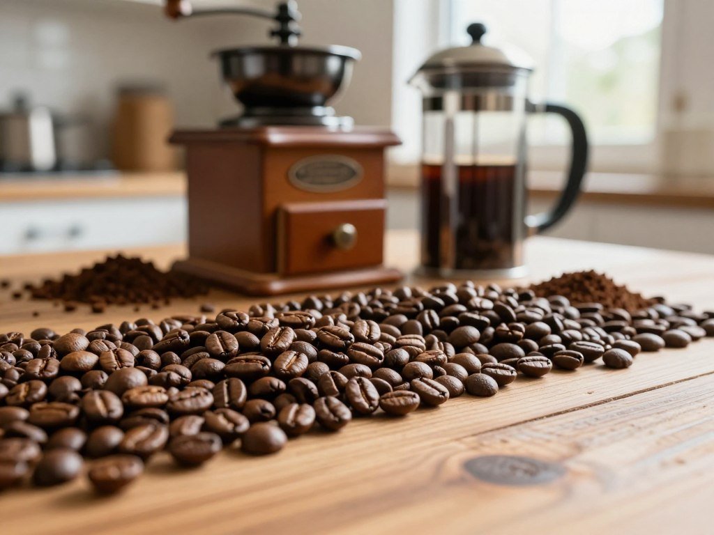 Roast levels and coffee beans ready for home brewing Roast levels and coffee beans ready for home brewing