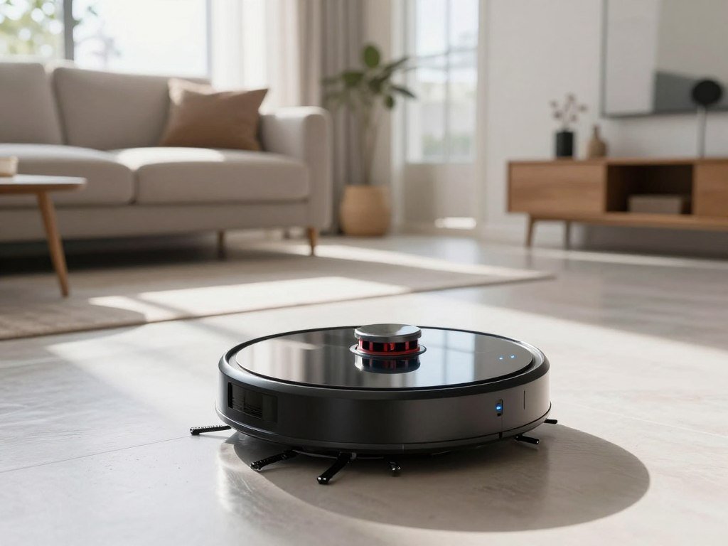Robot combo moving across a clear living room floor Robot combo moving across a clear living room floor