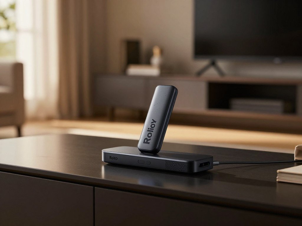 Roku streaming stick tucked behind a Dolby Vision television Roku streaming stick tucked behind a Dolby Vision television