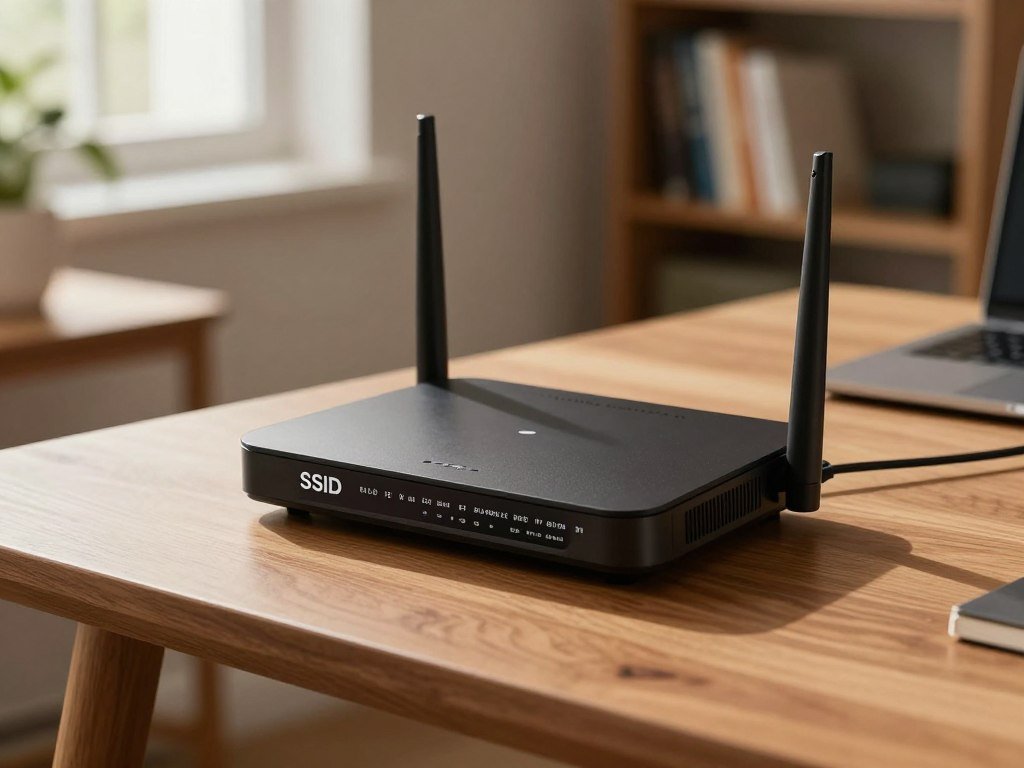 Router label shows the network SSID and address at home
