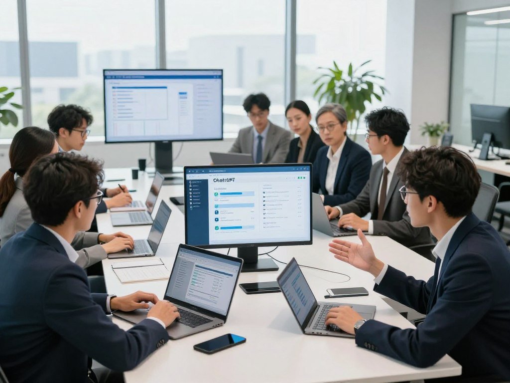 Sales team reviewing CRM workflows with ChatGPT apps Sales team reviewing CRM workflows with ChatGPT apps