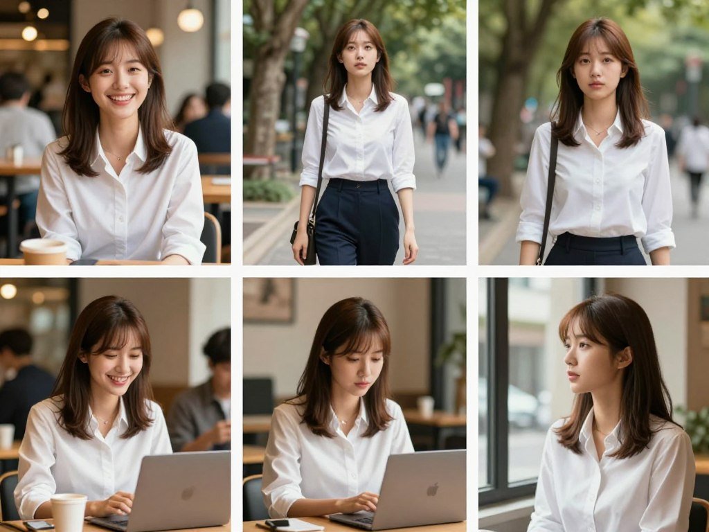 Same character appears in five scenes with shifting facial details Same character appears in five scenes with shifting facial details