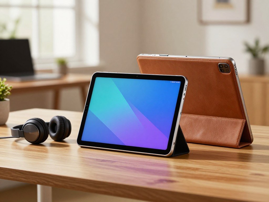 Samsung Galaxy Tab A11 beside wired headphones and a compact tablet case Samsung Galaxy Tab A11 beside wired headphones and a compact tablet case