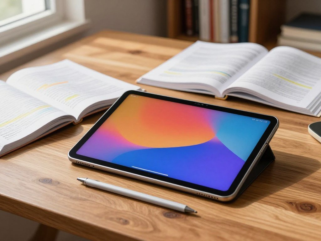 Samsung Galaxy Tab with stylus notes beside a textbook