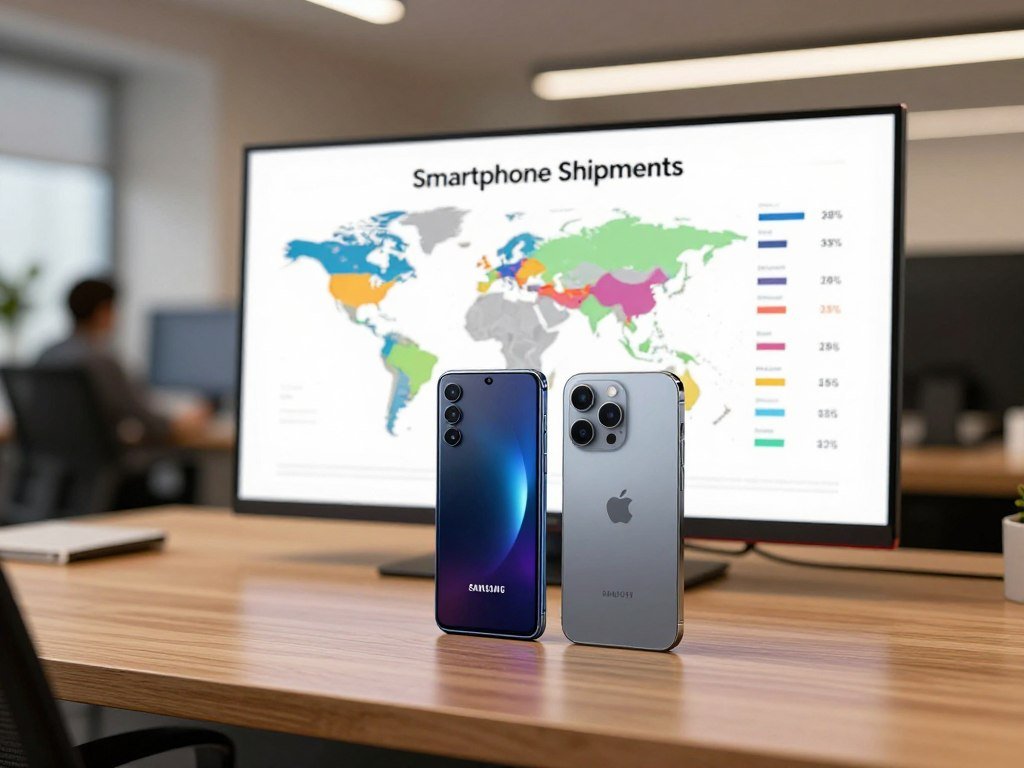Samsung Galaxy and iPhone beside a chart of global smartphone shipments Samsung Galaxy and iPhone beside a chart of global smartphone shipments