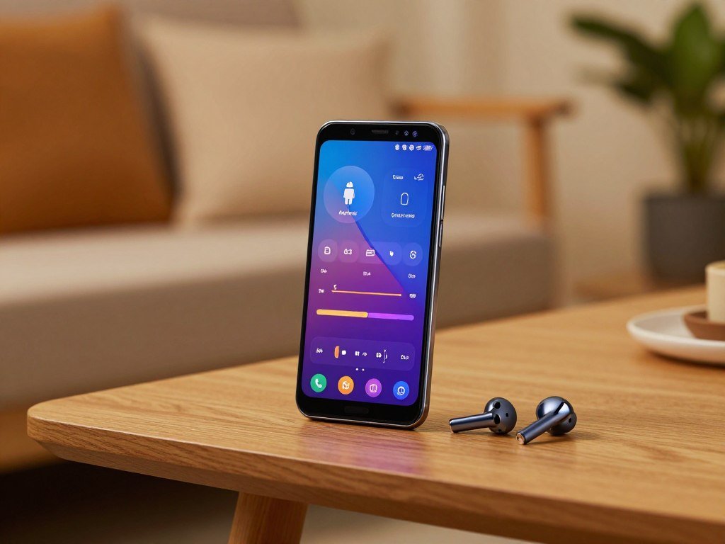 Samsung Galaxy phone beside earbuds with Android app controls