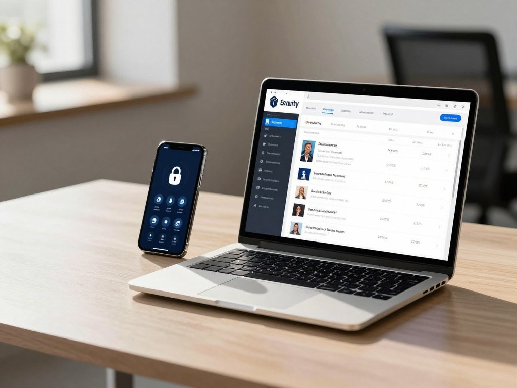 Security software comparison on a laptop beside a smartphone